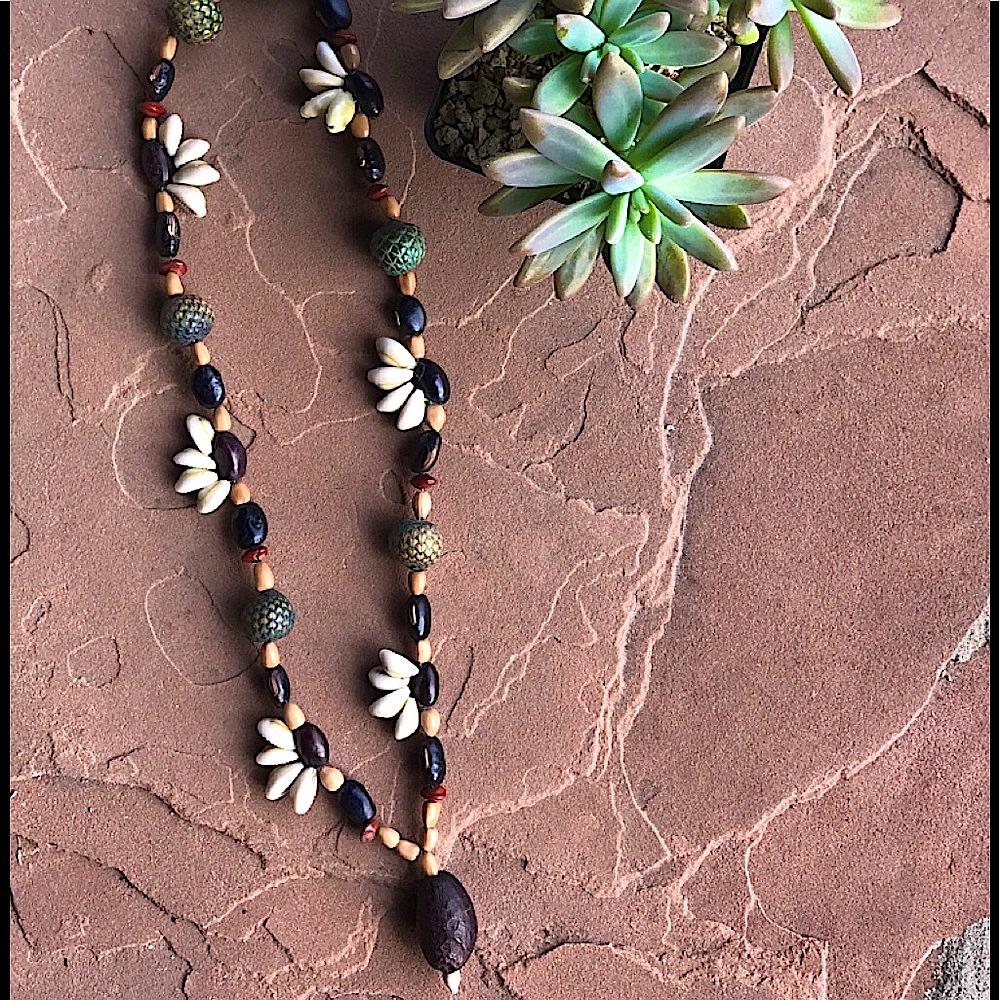 Vintage Shells Nuts and Seeds Handcrafted Necklace in Brown Ivory and Beige